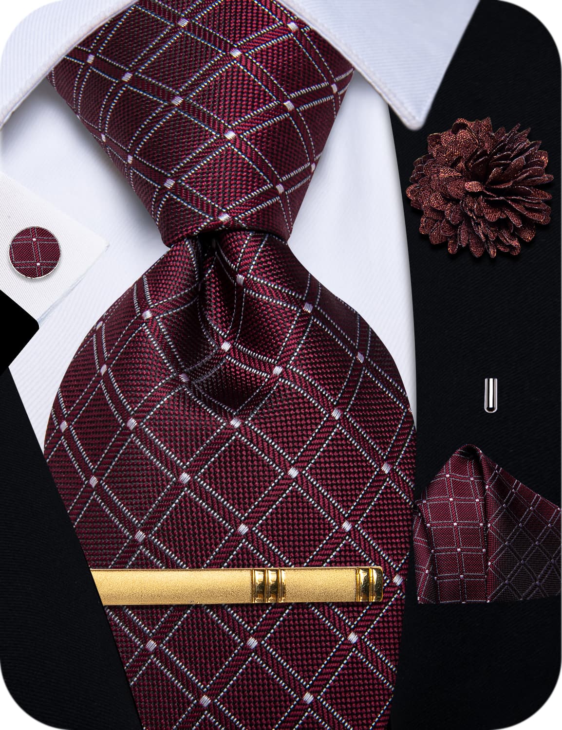 Burgundy Plaid Tie Mens NeckTie Flower Brooch Set with Clip