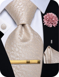 Light Champagne Tie Mens NeckTie Flower Brooch Set with Clip