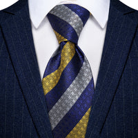  Striped Necktie Blue Gray Yellow Mens Tie Hanky Cufflinks Set