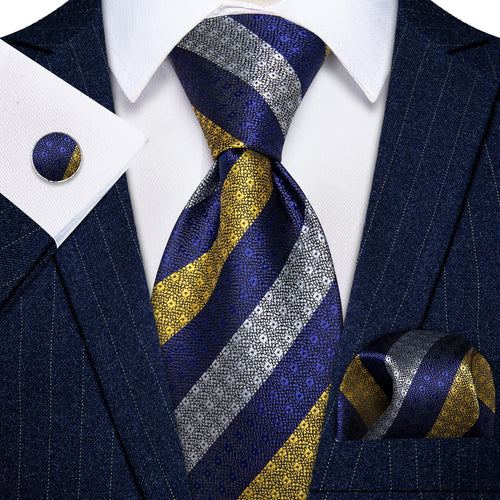  Striped Necktie Blue Gray Yellow Mens Tie Hanky Cufflinks Set