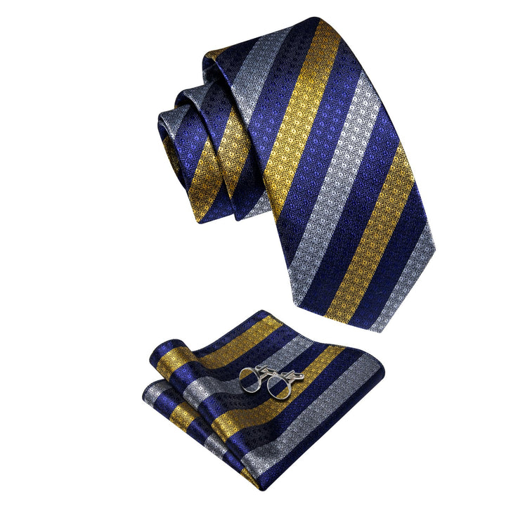 Striped Necktie Blue Gray Yellow Mens Tie Hanky Cufflinks Set