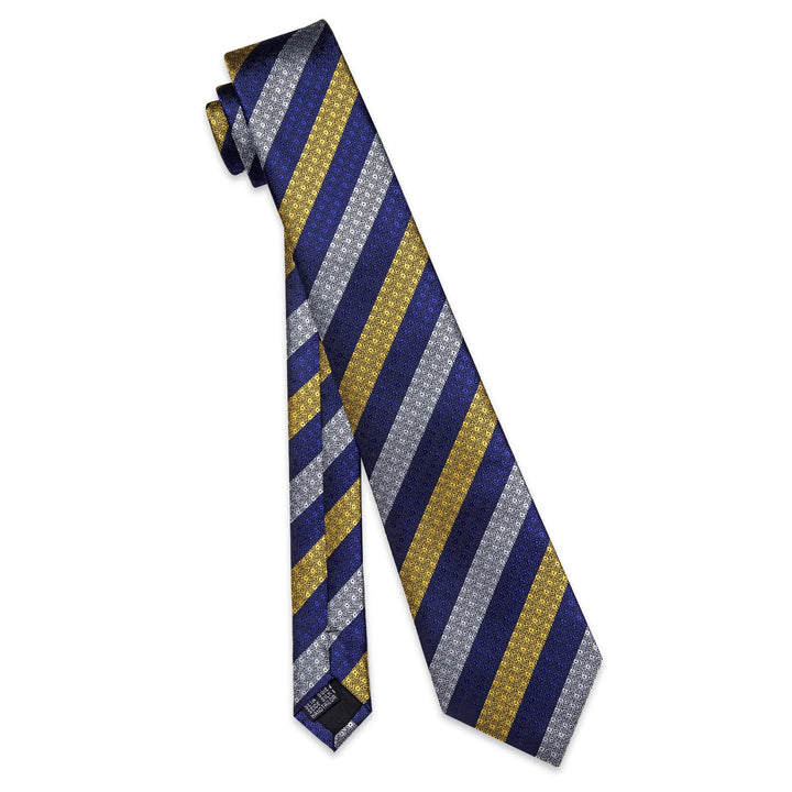 Striped Necktie Blue Gray Yellow Mens Tie Hanky Cufflinks Set