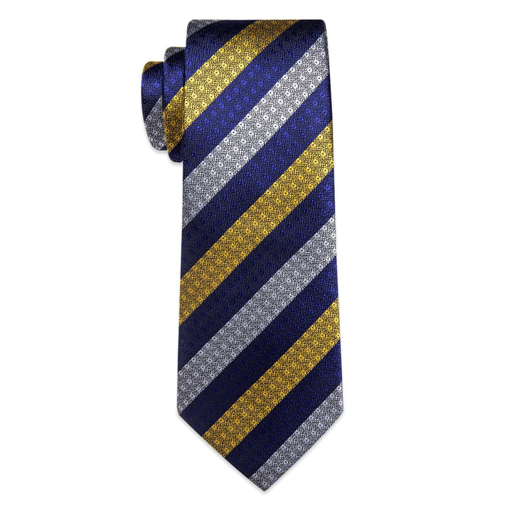 Striped Necktie Blue Gray Yellow Mens Tie Hanky Cufflinks Set