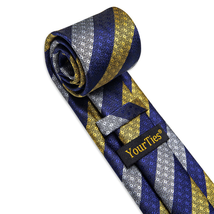 Striped Necktie Blue Gray Yellow Mens Tie Hanky Cufflinks Set