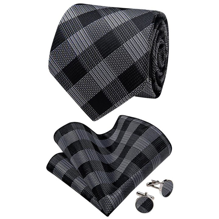  Black Grey Plaid Tie NeckTie Flower Brooch Set with Clip