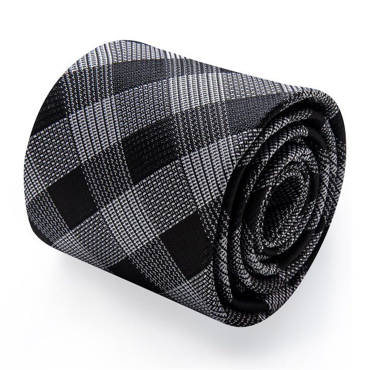  Black Grey Plaid Tie NeckTie Flower Brooch Set with Clip