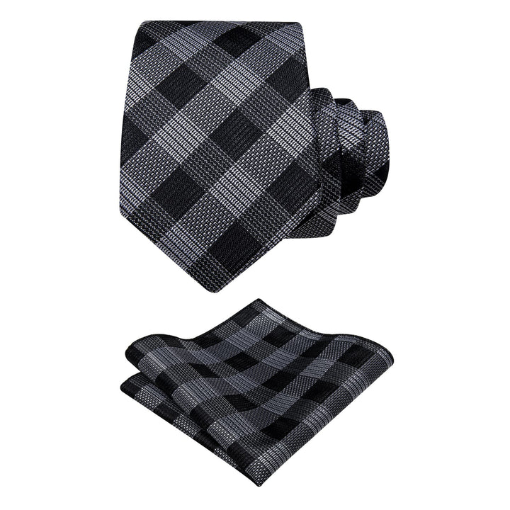  Black Grey Plaid Tie NeckTie Flower Brooch Set with Clip