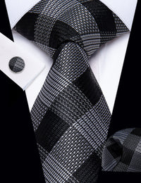 YourTies Checkered Necktie Black Gray Plaid Tie Hanky Cufflinks Set