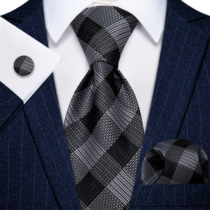 Checkered Necktie Black Gray Plaid Tie Hanky Cufflinks Set