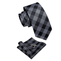 Checkered Necktie Black Gray Plaid Tie Hanky Cufflinks Set