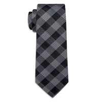 Checkered Necktie Black Gray Plaid Tie Hanky Cufflinks Set