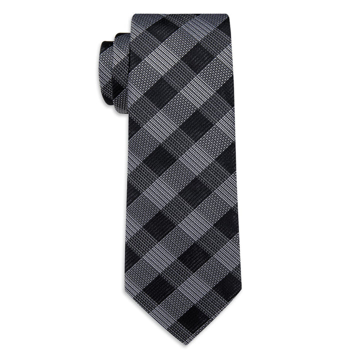 Checkered Necktie Black Gray Plaid Tie Hanky Cufflinks Set