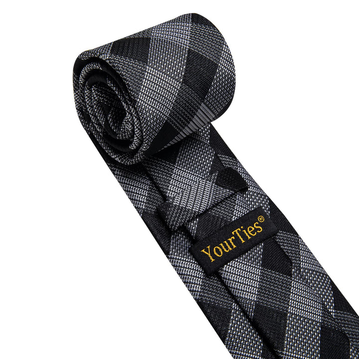 Checkered Necktie Black Gray Plaid Tie Hanky Cufflinks Set