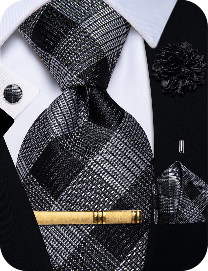 Black Grey Plaid Tie NeckTie Flower Brooch Set with Clip