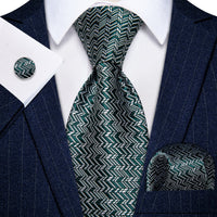 Dark Green Tie Grey Geometric Tie Handkerchief Cufflinks Set