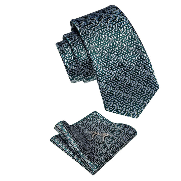 Dark Green Tie Grey Geometric Tie Handkerchief Cufflinks Set