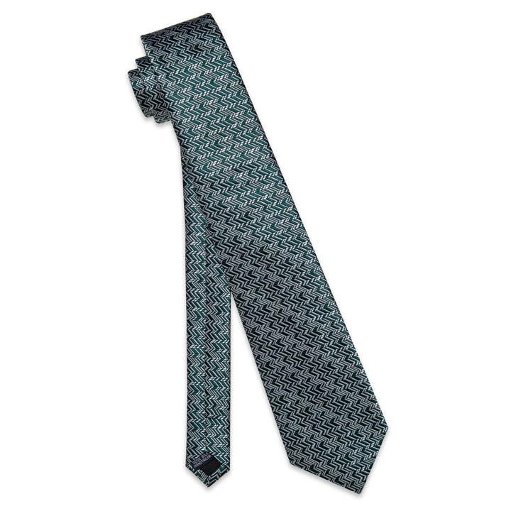 Dark Green Tie Grey Geometric Tie Handkerchief Cufflinks Set