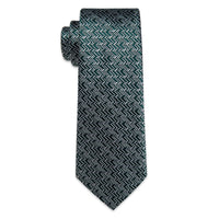 Dark Green Tie Grey Geometric Tie Handkerchief Cufflinks Set