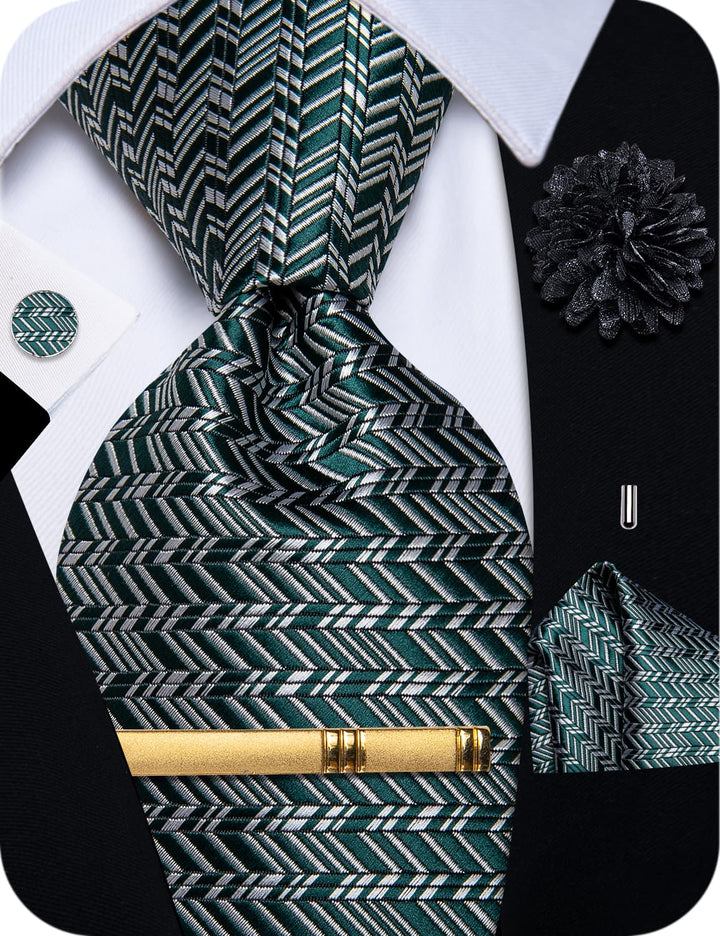  Dark Green Novelty Tie NeckTie Flower Brooch Set with Clip