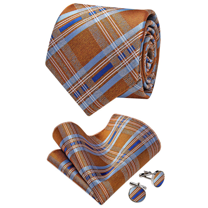 Orange Blue Plaid Tie NeckTie Flower Brooch Set with Clip