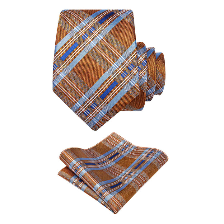 Orange Blue Plaid Tie NeckTie Flower Brooch Set with Clip