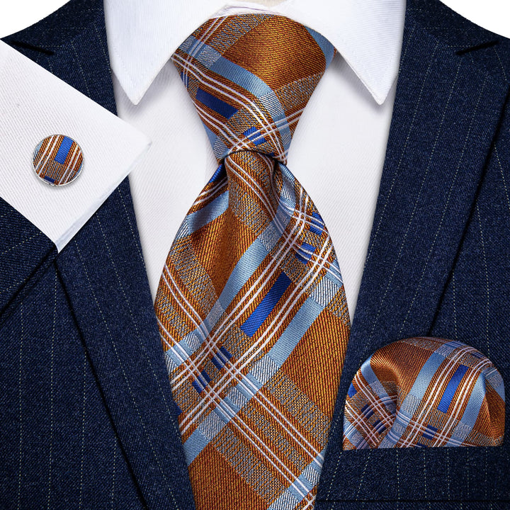 Orange Tie Sky Blue Stripes Checkered Tie Hanky Cufflinks Set