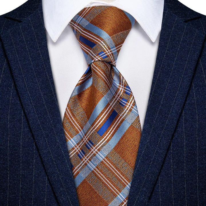 Orange Tie Sky Blue Stripes Checkered Tie Hanky Cufflinks Set