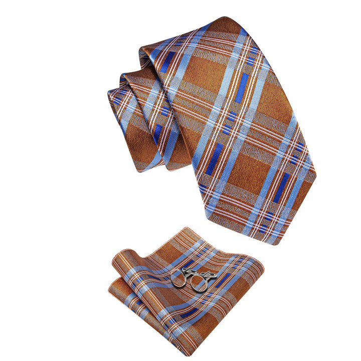  Orange Tie Sky Blue Stripes Checkered Tie Hanky Cufflinks Set