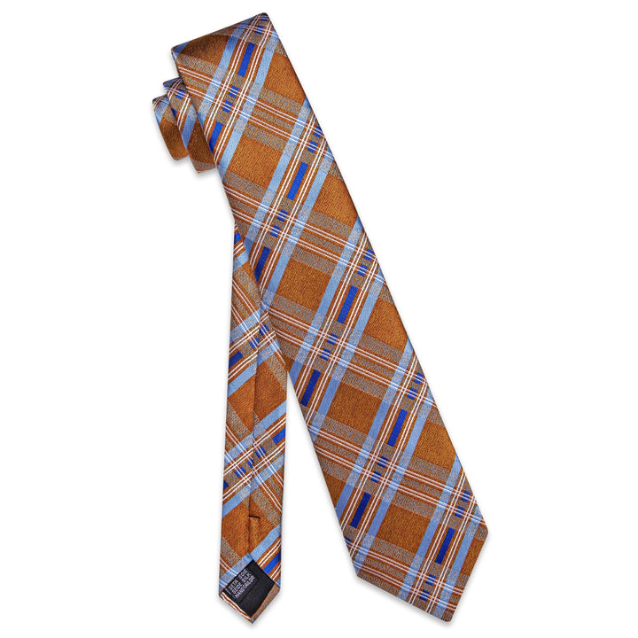  Orange Tie Sky Blue Stripes Checkered Tie Hanky Cufflinks Set