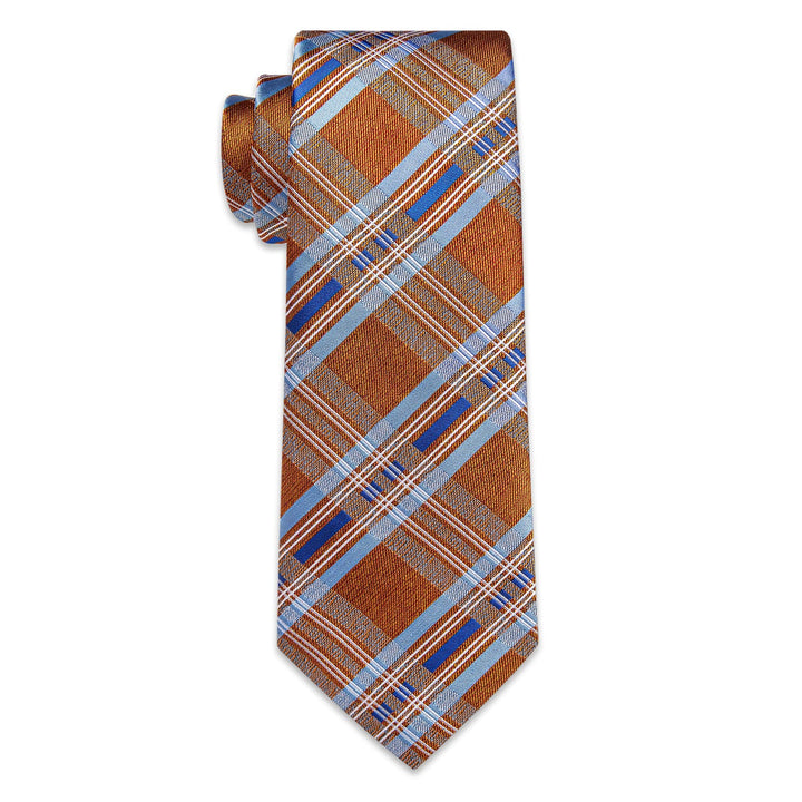  Orange Tie Sky Blue Stripes Checkered Tie Hanky Cufflinks Set