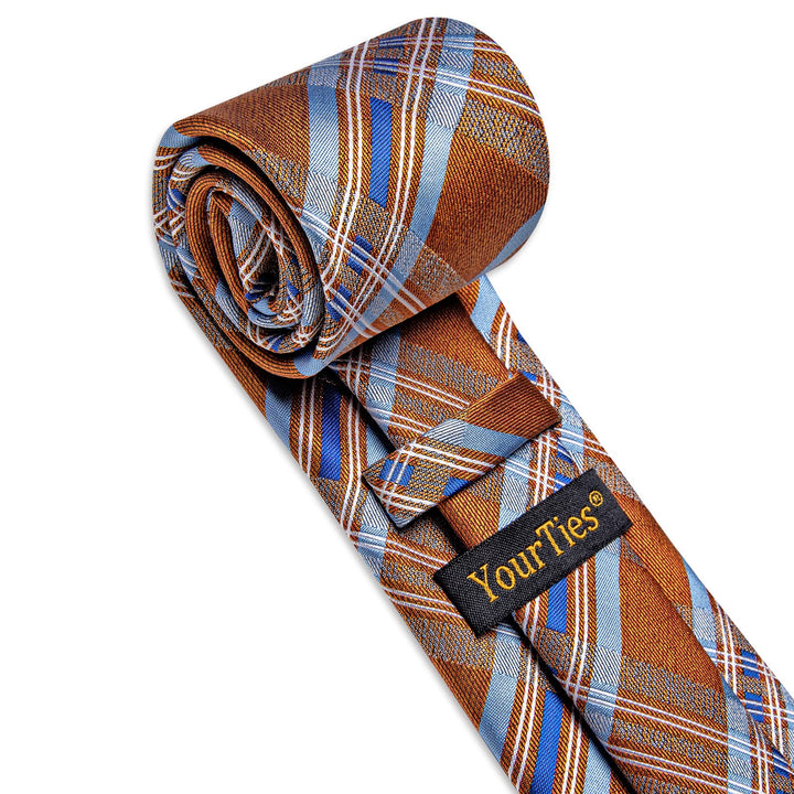  Orange Tie Sky Blue Stripes Checkered Tie Hanky Cufflinks Set