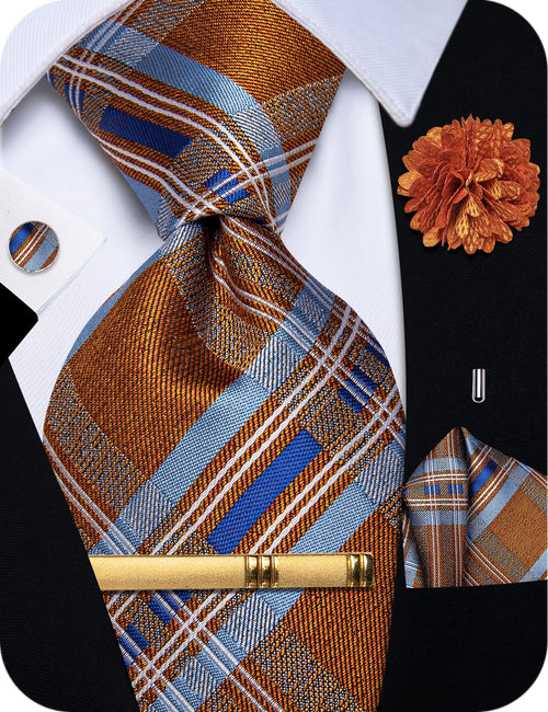 Orange Blue Plaid Tie NeckTie Flower Brooch Set with Clip