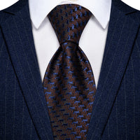 Brown Tie Dark Blue Novelty Jacquard Tie Hanky Cufflinks Set