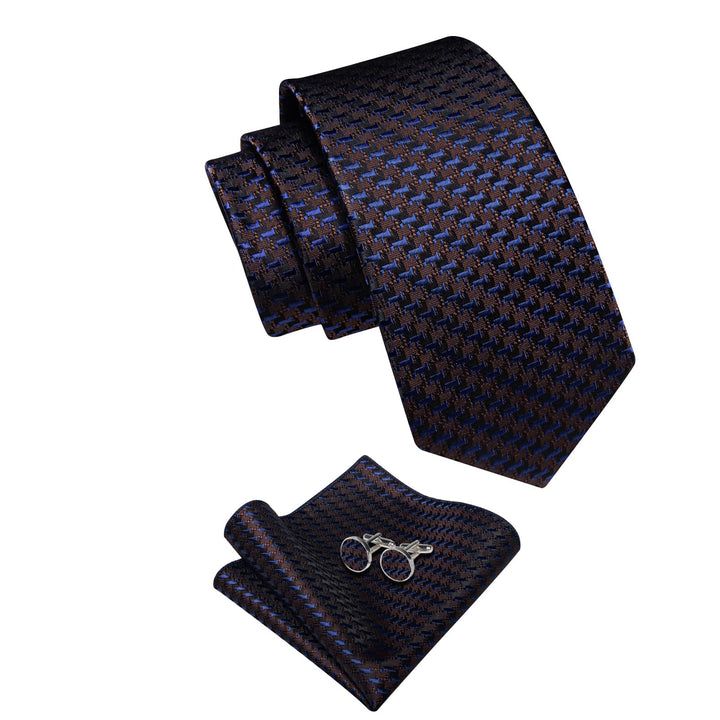 Brown Tie Dark Blue Novelty Jacquard Tie Hanky Cufflinks Set