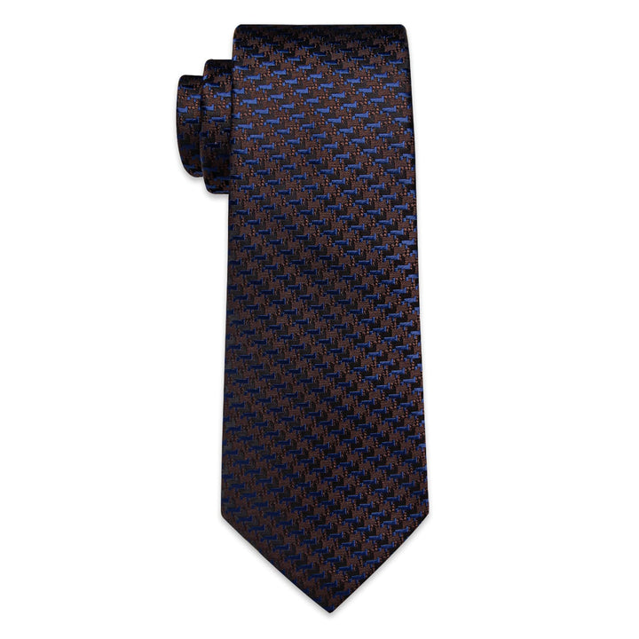 Brown Tie Dark Blue Novelty Jacquard Tie Hanky Cufflinks Set