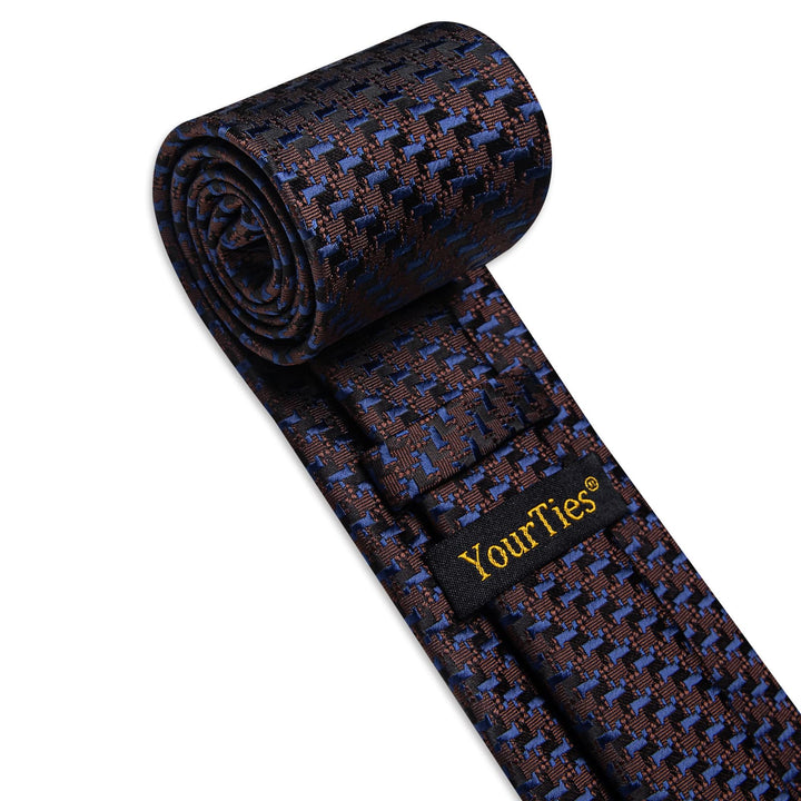 Brown Tie Dark Blue Novelty Jacquard Tie Hanky Cufflinks Set