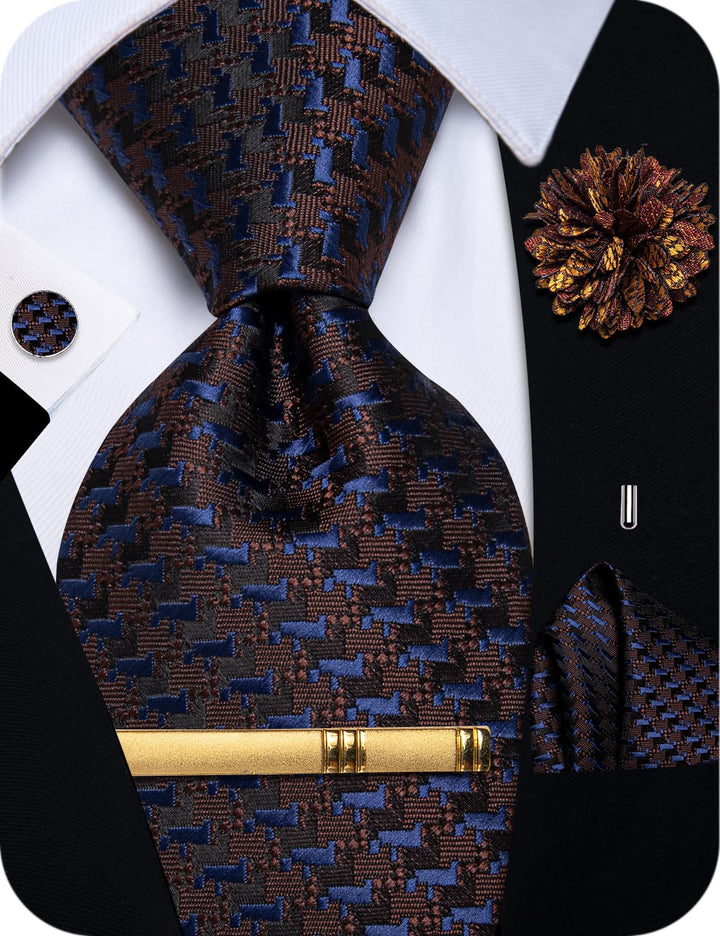  Brown Blue Novelty Tie NeckTie Flower Brooch Set with Clip