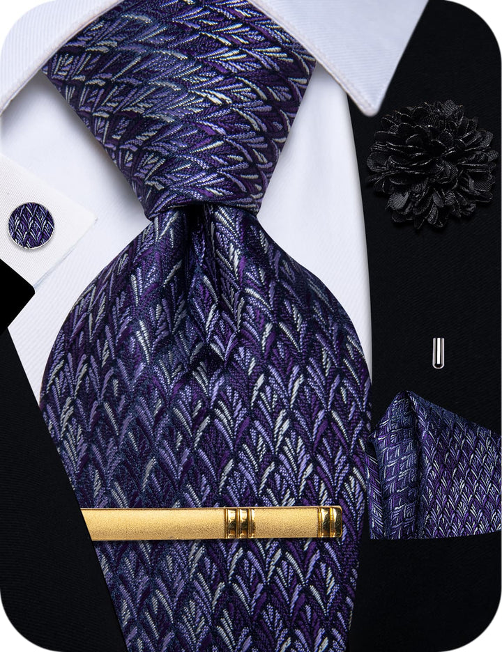 Deep Purple Tie Novelty NeckTie Flower Brooch Set with Clip