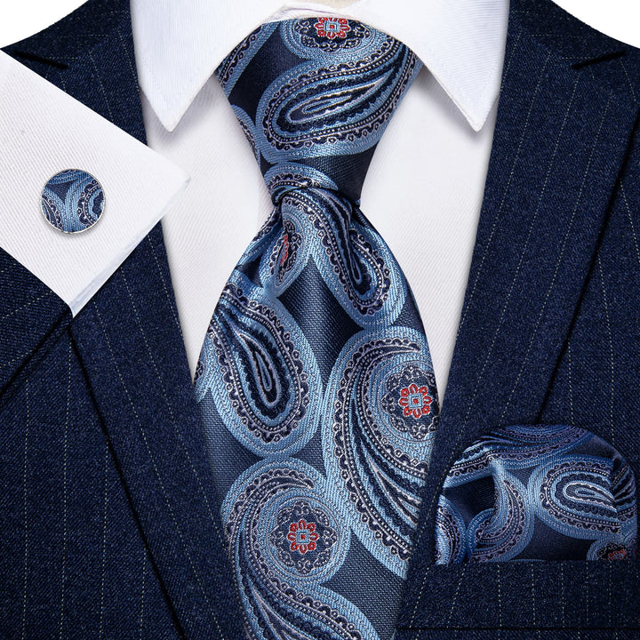 Prussian Blue Tie Sky Blue Paisley Tie Hanky Cufflinks Set