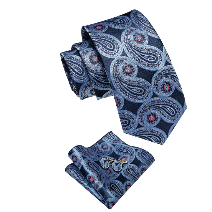  Prussian Blue Tie Sky Blue Paisley Tie Hanky Cufflinks Set