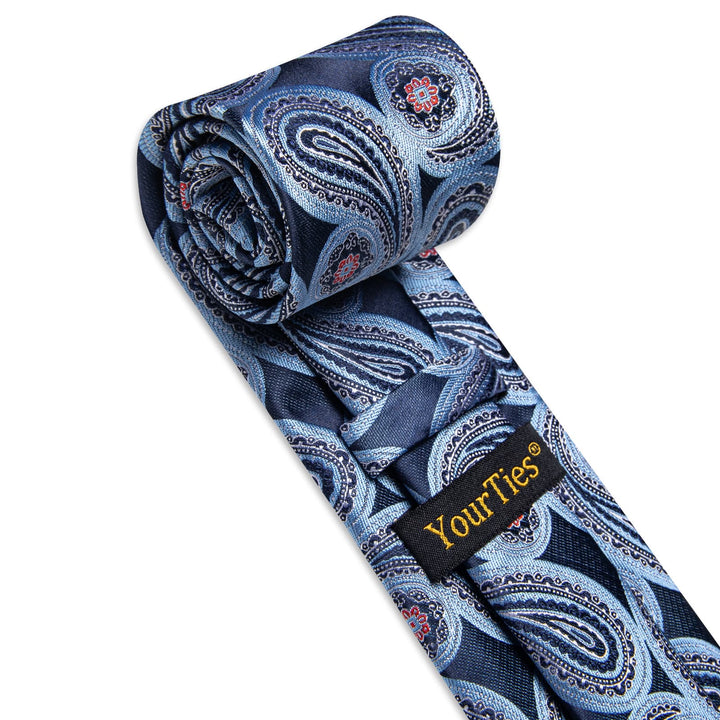  Prussian Blue Tie Sky Blue Paisley Tie Hanky Cufflinks Set