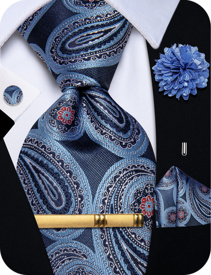 Sky Blue Tie Paisley NeckTie Flower Brooch Set with Clip