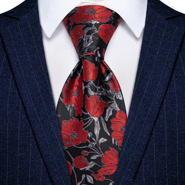 Red Tie Floral Jacquard Black Grey Tie Hanky Cufflinks Set