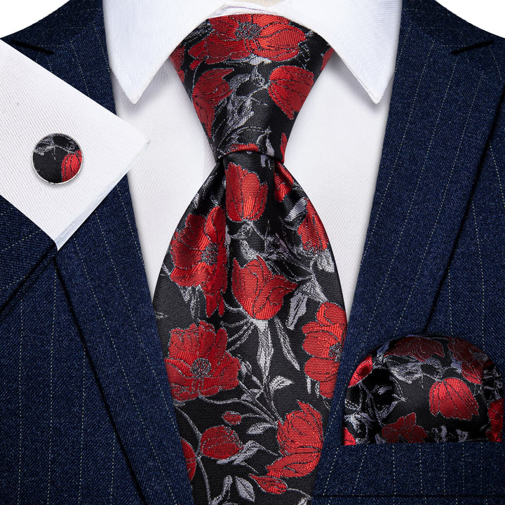 Red Tie Floral Jacquard Black Grey Tie Hanky Cufflinks Set