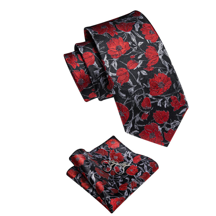 Red Tie Floral Jacquard Black Grey Tie Hanky Cufflinks Set