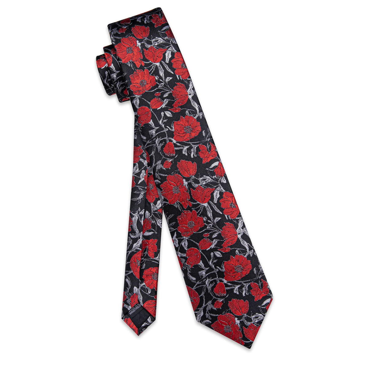 Red Tie Floral Jacquard Black Grey Tie Hanky Cufflinks Set