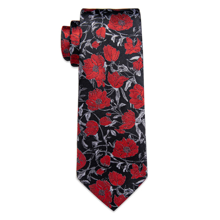 Red Tie Floral Jacquard Black Grey Tie Hanky Cufflinks Set