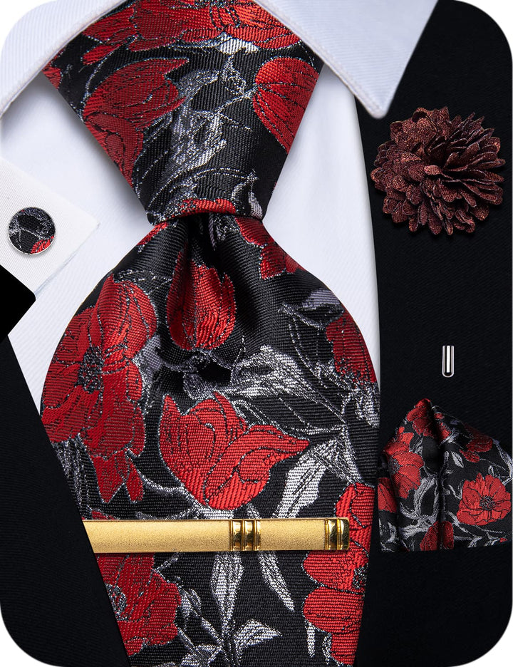 Black Red Tie Floral NeckTie Flower Brooch Set with Clip