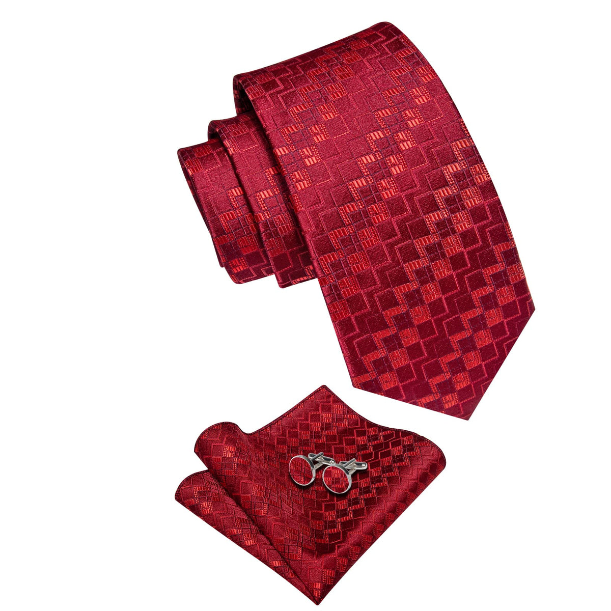 Vivid Burgundy Tie Geometric Men Necktie Hanky Cufflinks Set