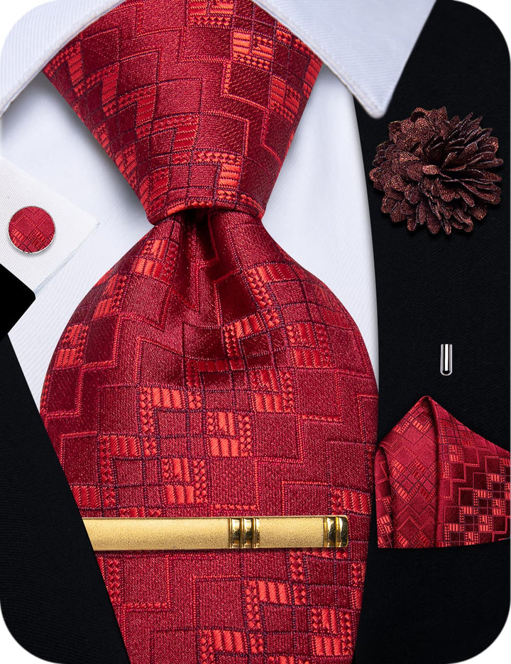 YourTies Red Tie Geometric NeckTie Flower Brooch Set with Clip